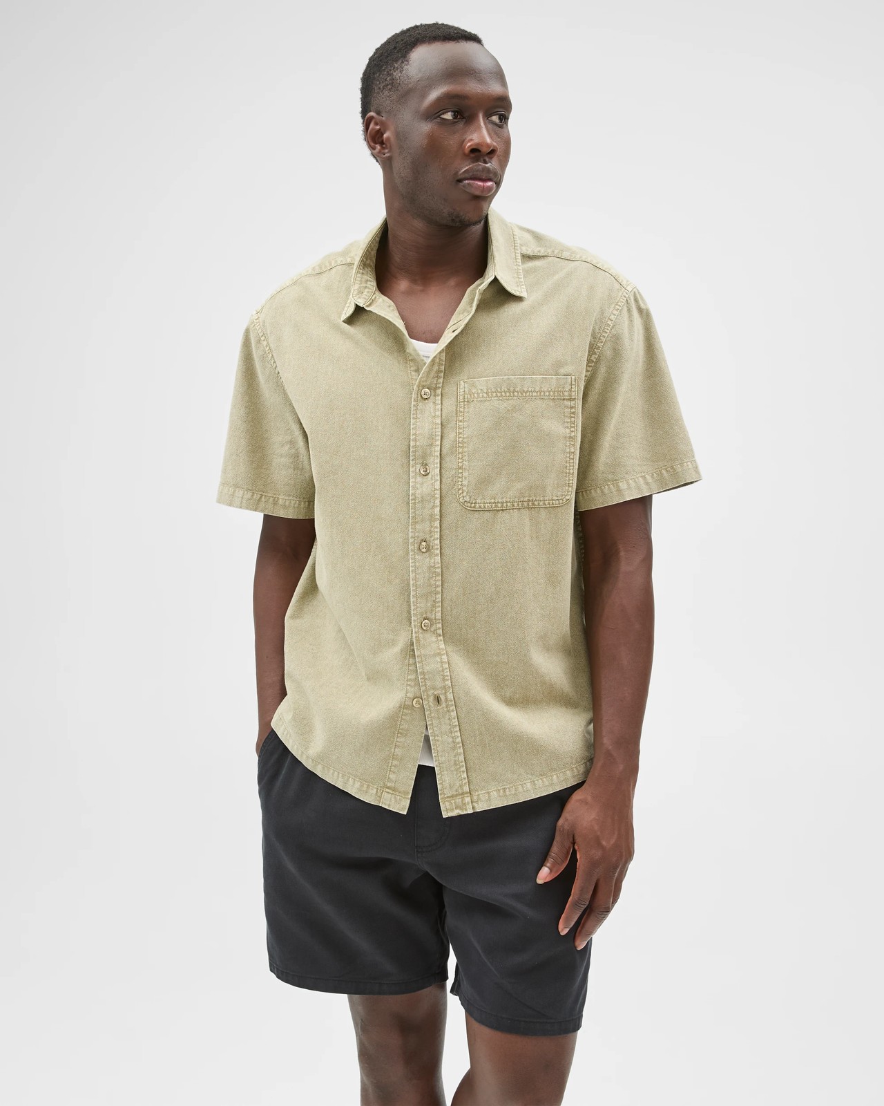 Commons Australian Cotton Plain Textured Boxy Fit Short Sleeve Shirt - Sea Grass 4 of 5