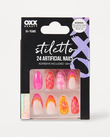 OXX Beauty 24 Pack Artificial Nails with Adhesive, Stiletto Shape - 3D Summer Pop