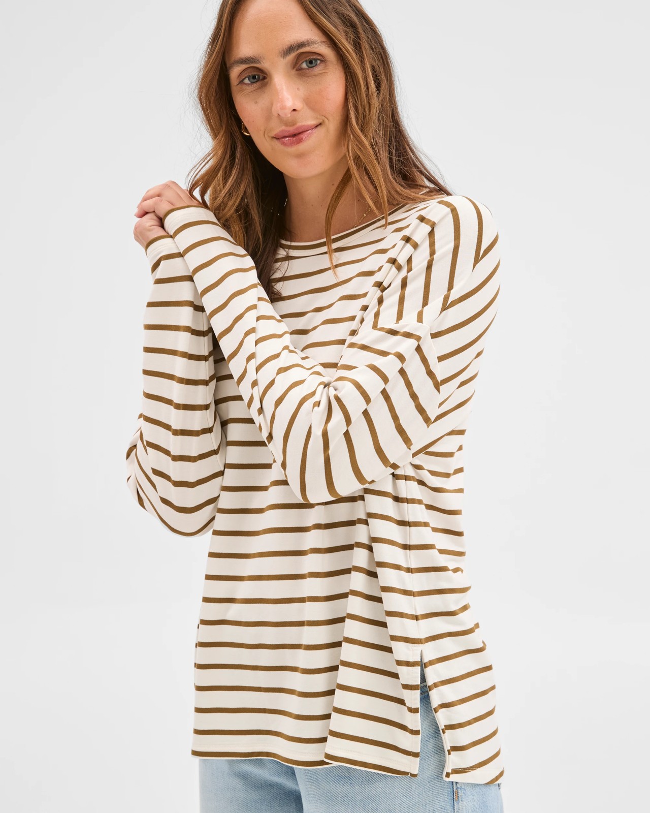 Long Sleeve Drop Shoulder Curved Hem Top - Cream/Olive 4 of 6