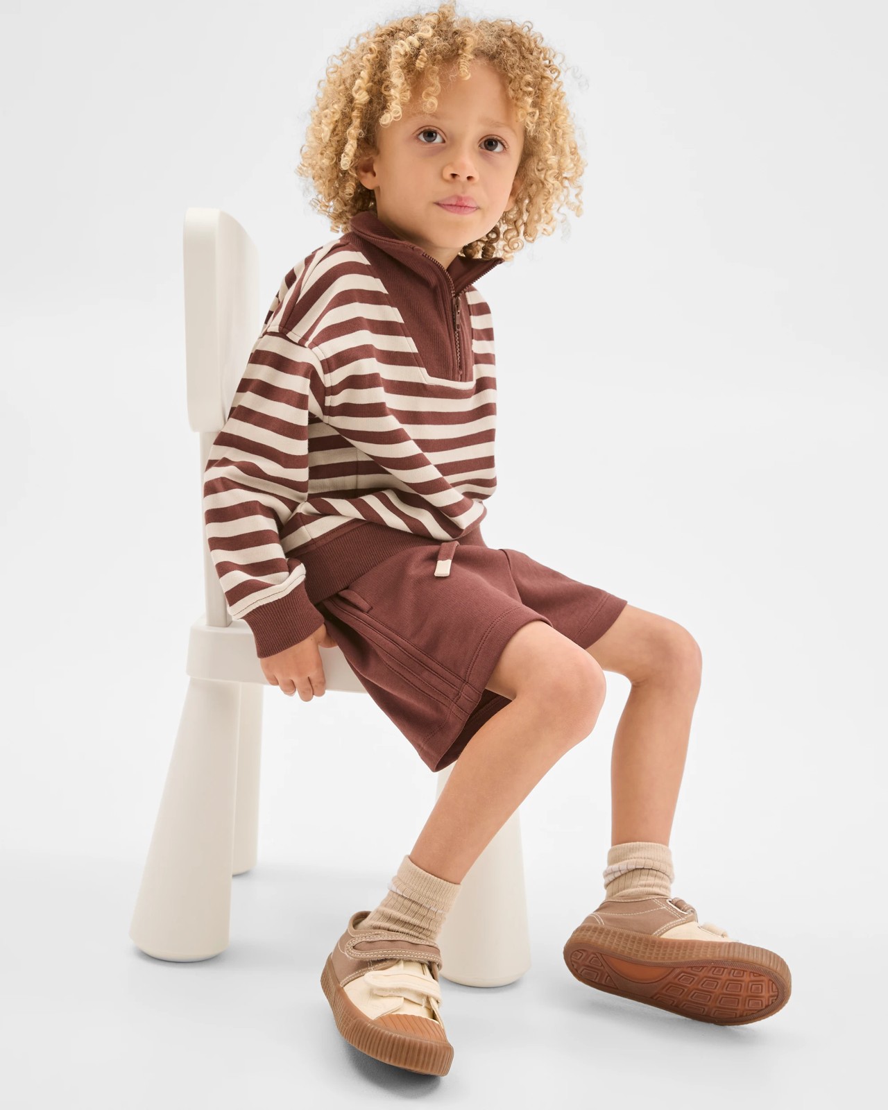 Australian Cotton 1/4 Zip Jumper & Shorts 2 Piece Set  - Brown Stripe 3 of 5