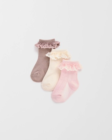 Baby Australian Cotton Blend 3 Pack Textured Lace Trim Socks