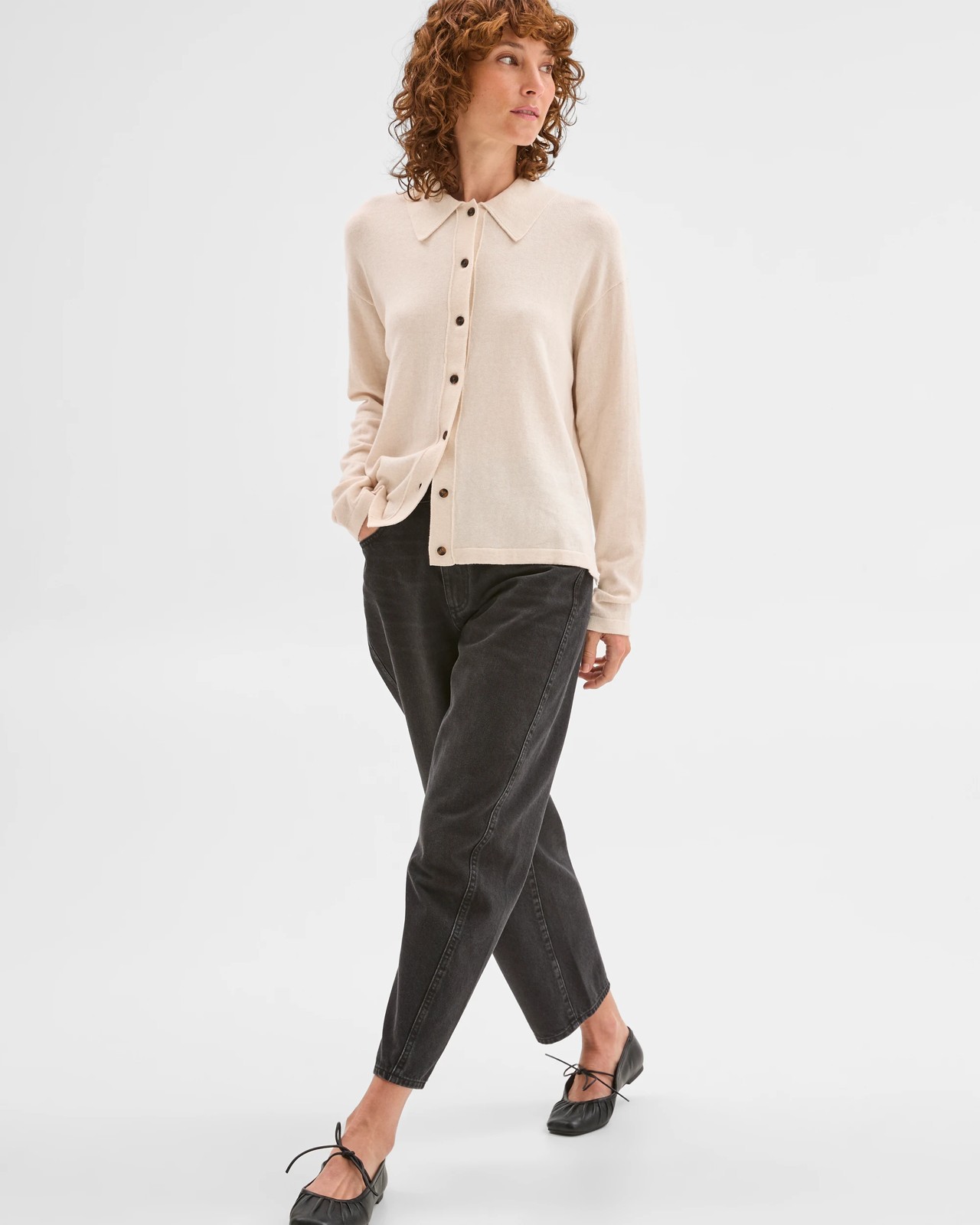 Australian Cotton Blend Knit Polo Collar Cardigan - Pebble 5 of 5