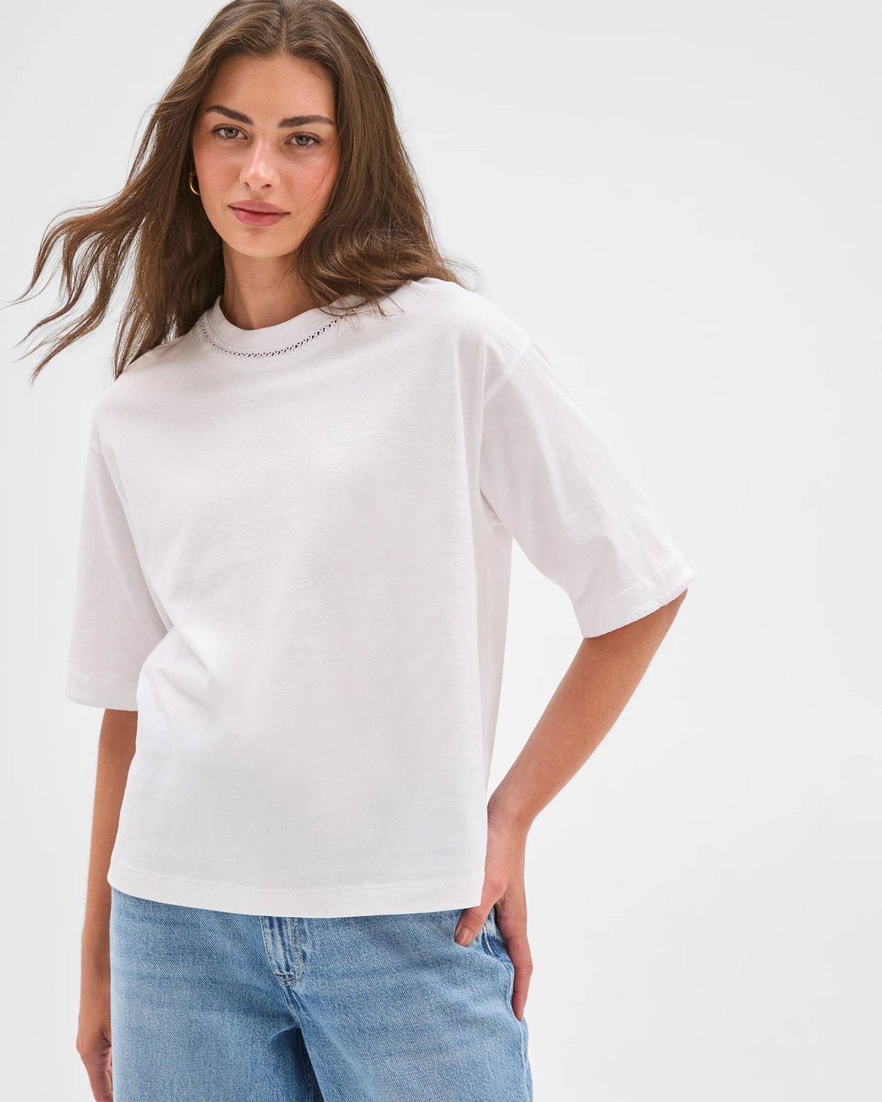 Petites Australian Cotton Stitch Detail T-Shirt - White 4 of 5