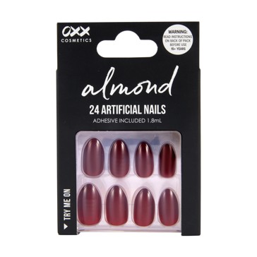 24 Pack Artificial Nails with Adhesive, Almond Shape, Red - OXX Cosmetics