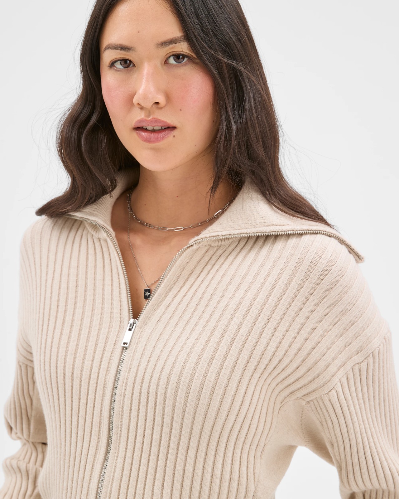 Clean Knit Rib Zip Through Jumper - Birch Marle 5 of 5