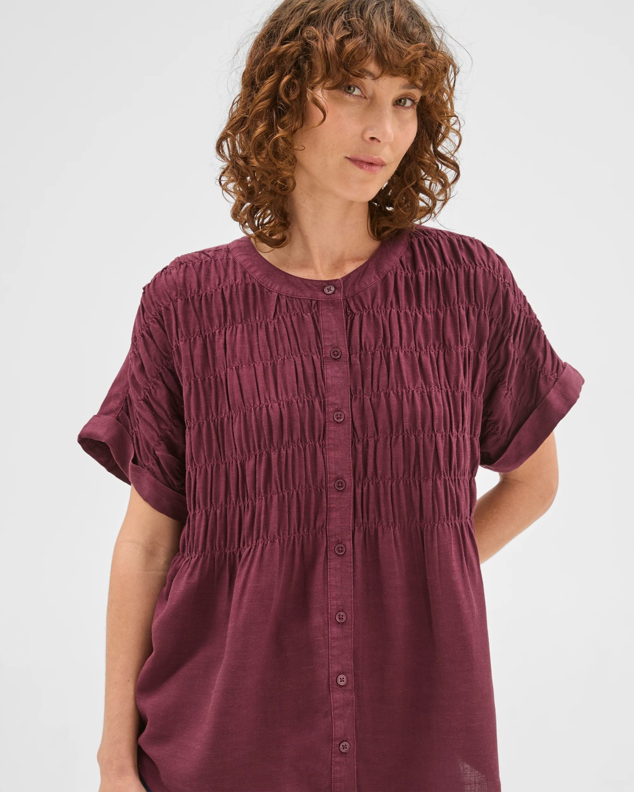 Short Sleeve Shirred Button Through Top 4 of 6