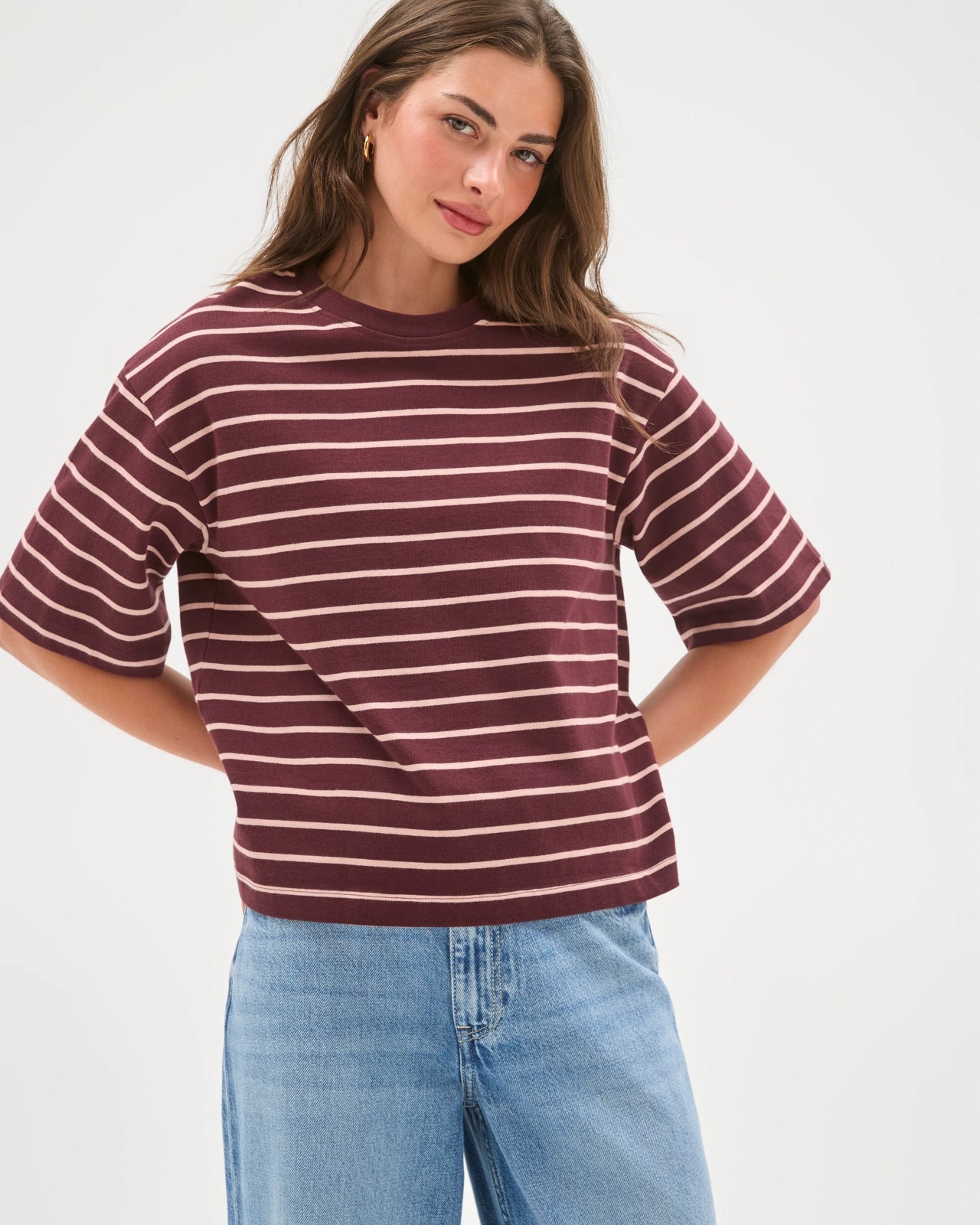 Plus Size Australian Cotton Wide Sleeve Boxy T-Shirt - Burg/Soft Blush 4 of 6