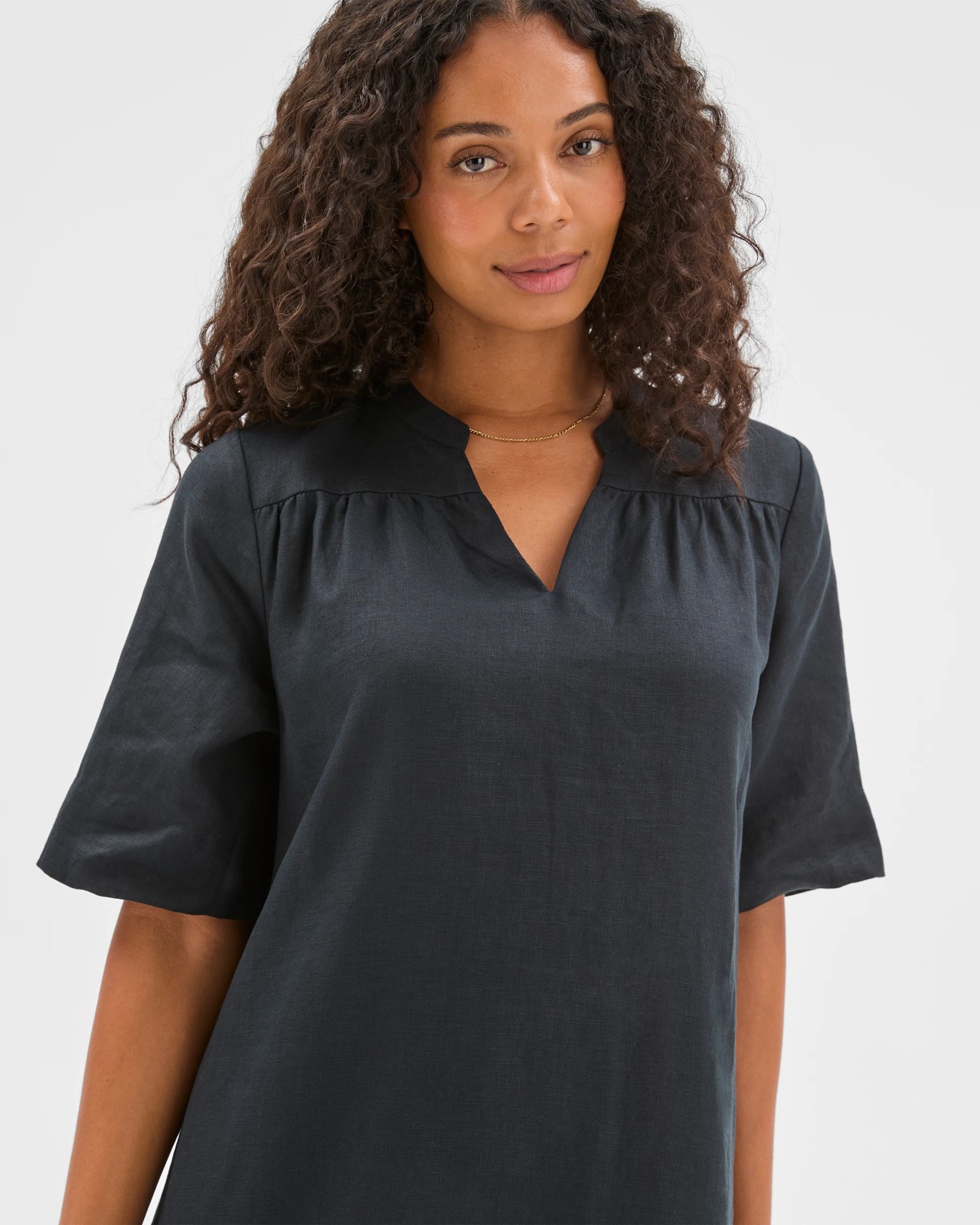 European Linen Short Sleeve V-Front Mini Dress 4 of 6