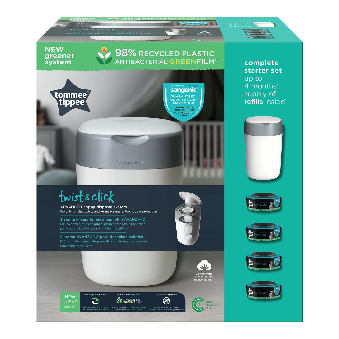 Tommee Tippee Twist & Click Advanced Nappy Disposal NEW Green System with 4  Pack Refill Cassettes