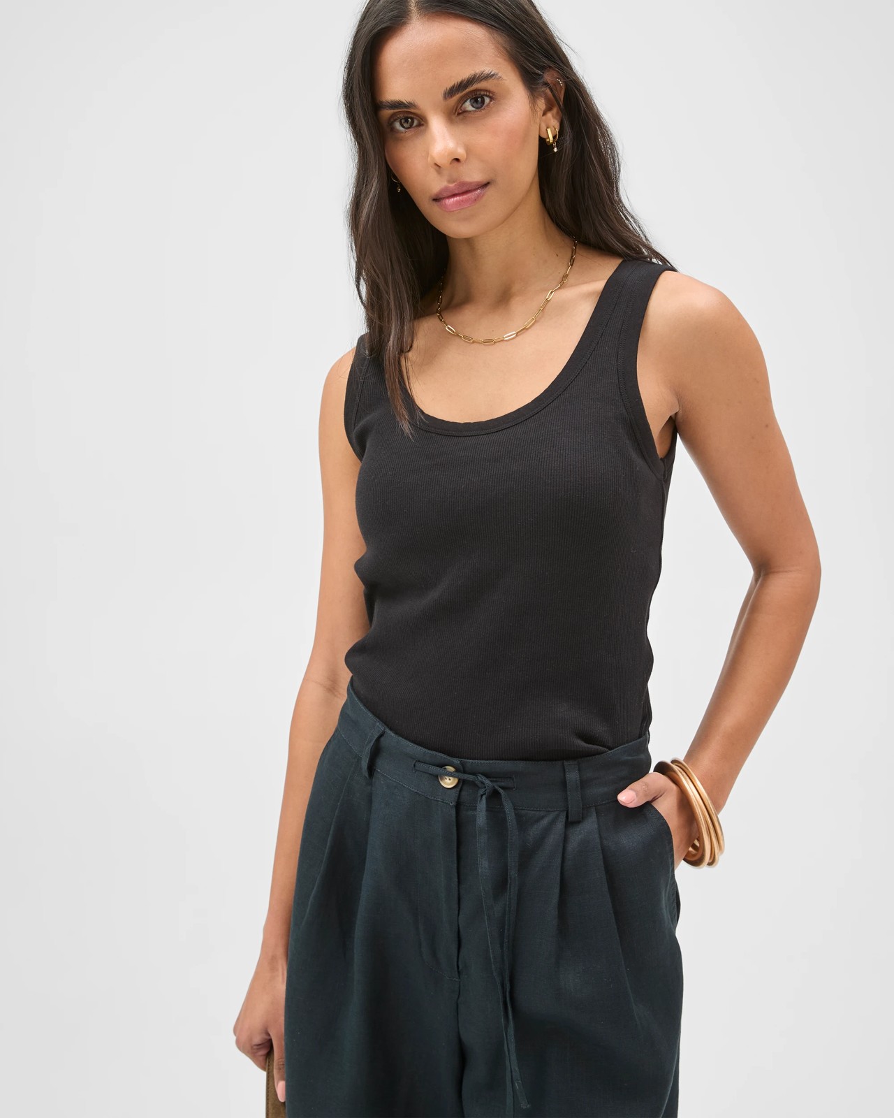 Australian Cotton Blend Scoop Neck Tank Top with Shelf Bra - Black 3 of 5