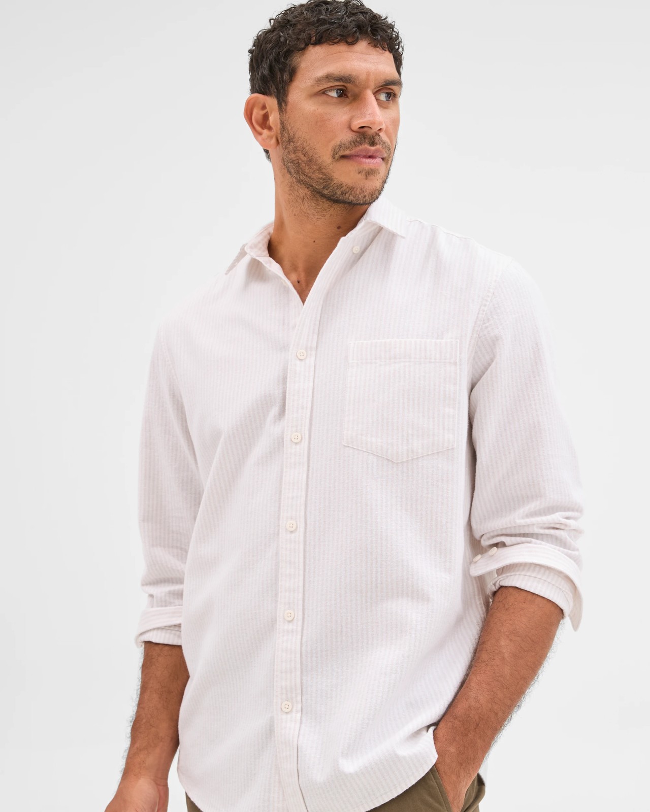 Australian Cotton Blend Brushed Oxford Shirt - Stone Stripe 3 of 6