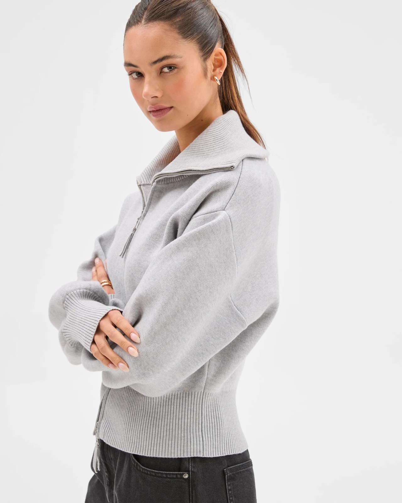 Lily Loves Long Cocoon Sleeve Zip Through Cardigan - Grey 5 of 6