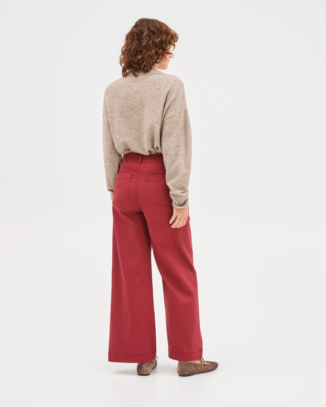 Australian Cotton Blend Stretch Twill Wide Leg Pants - Burnt Crimson 4 of 6