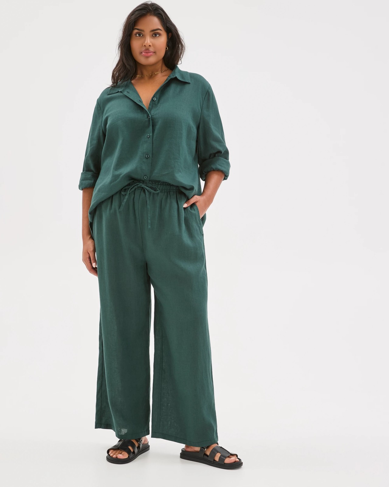 Plus Size European Linen Wide Leg Pants - Deep Green FNA 2 of 5