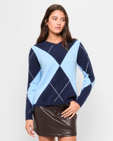 Fluffy Argyle V-Neck Jumper - Lily Loves