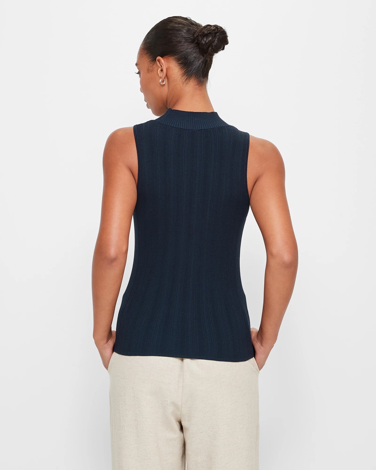 Sleeveless Mock Neck Variegated Knit Top - Preview - Navy Blue