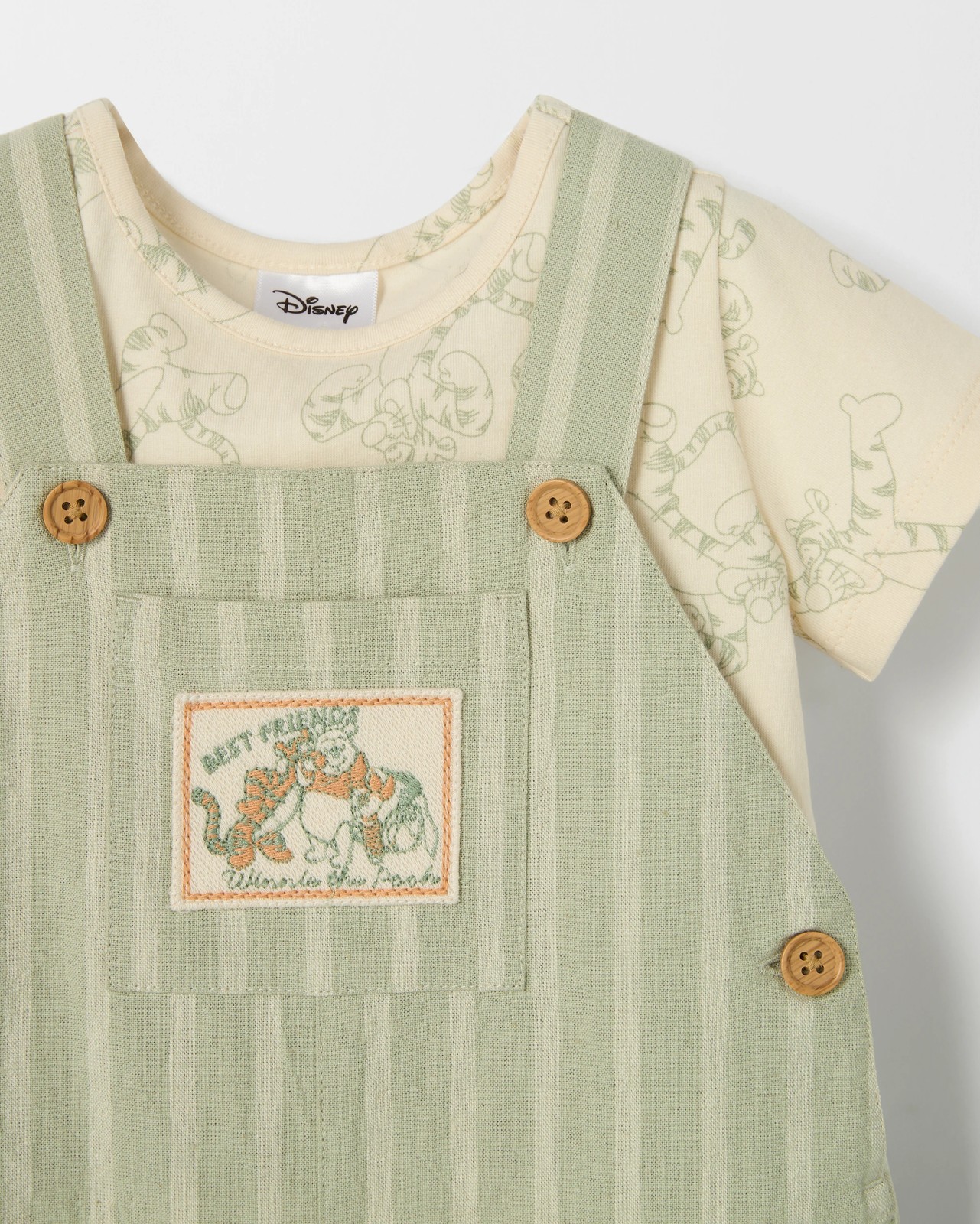Licensed Disney Cotton Rich Baby Shortall Set - Winnie Stripe Green 2 of 2