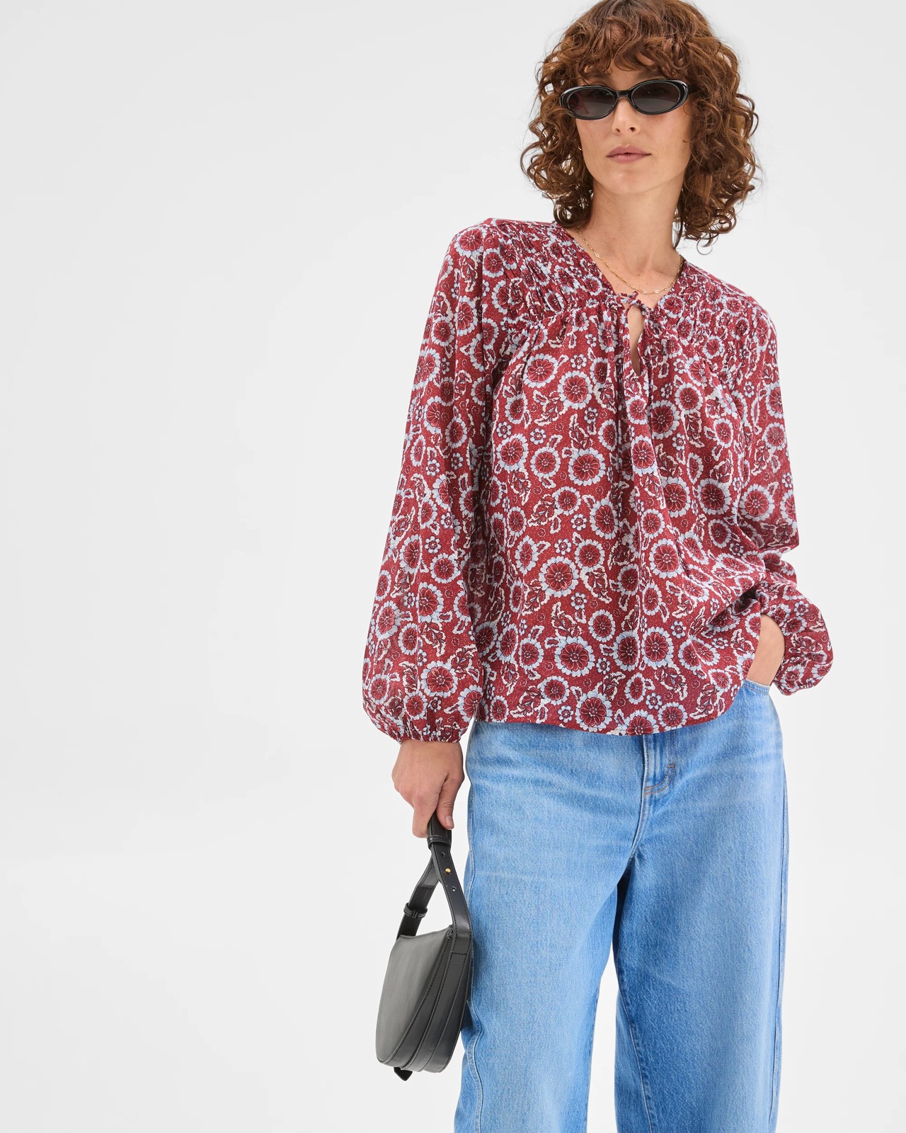 Australian Cotton Long Sleeve Print Gather Detail Blouse - Floral 3 of 5