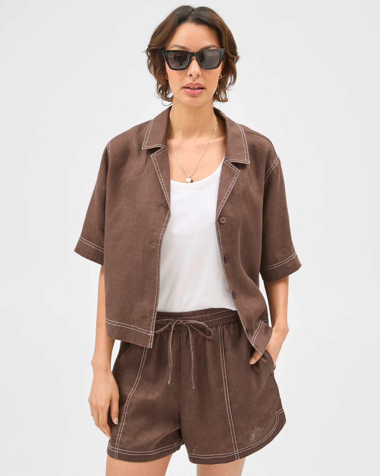 European Linen Short Sleeve Stitch Detail Shirt - Coffee Bean 2 of 5