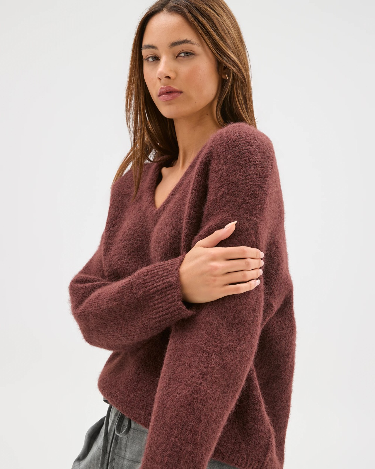 Lily Loves V-Neck Fluffy Knit Jumper - Burgundy 3 of 6