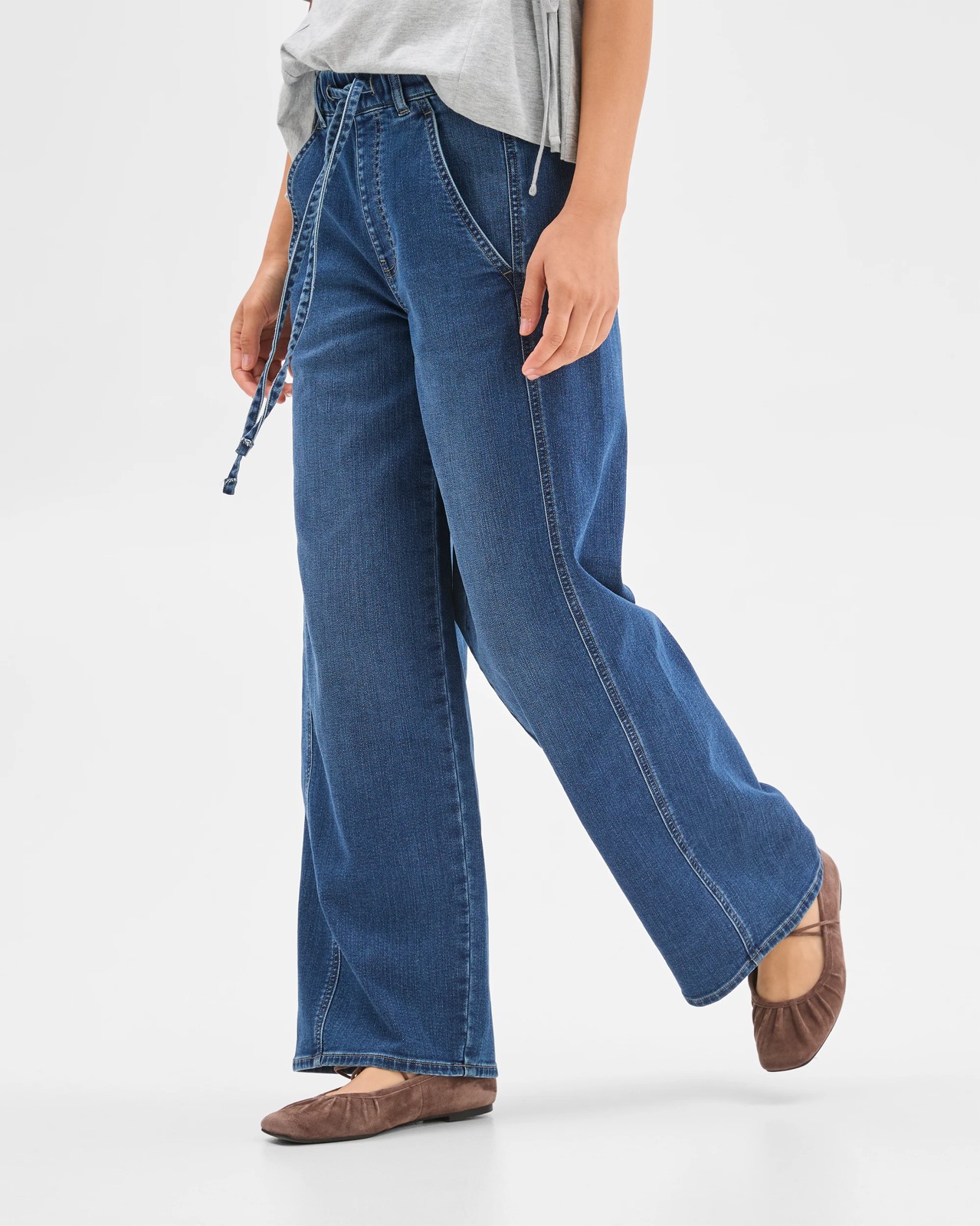 Pull On Wide Leg Knit Denim Jeans 3 of 6