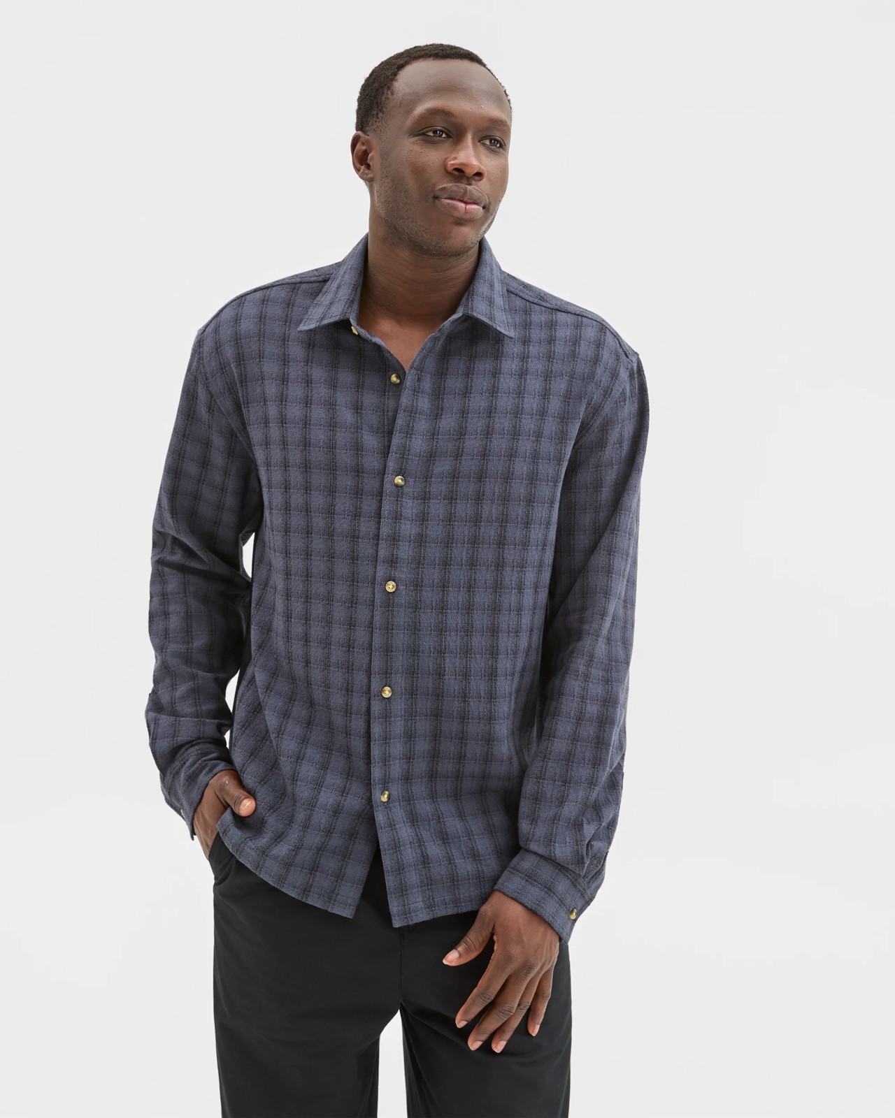 Commons Australian Cotton Boxy Fit Long Sleeve Textured Shirt - Navy Check 2 of 5