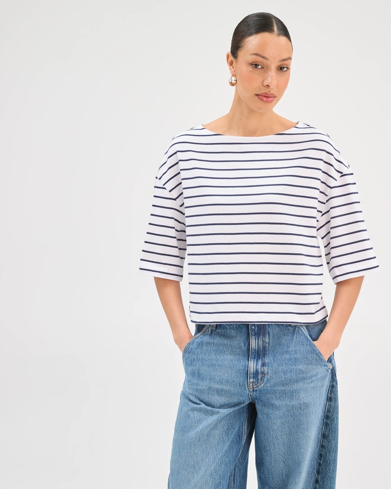 Australian Cotton Boat Neck Boxy T-Shirt - White/Navy Stripe 3 of 5