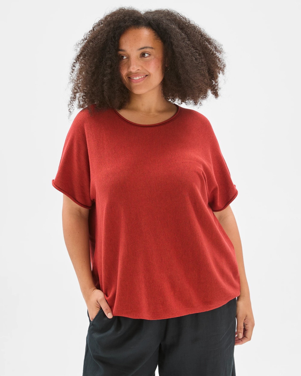 Plus Size Australian Cotton Blend Roll Edge Knit Top - Terracotta 4 of 5