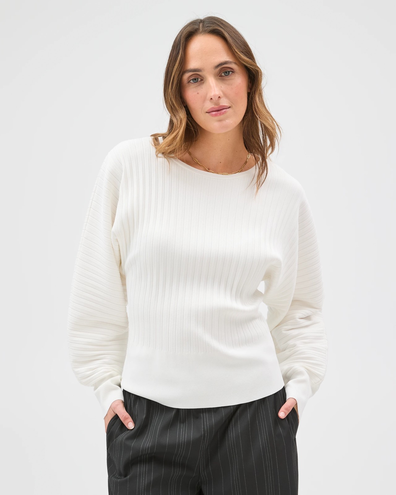 Preview Long Dolman Sleeve Crepe Knit Jumper - Cloud Dancer 3 of 6