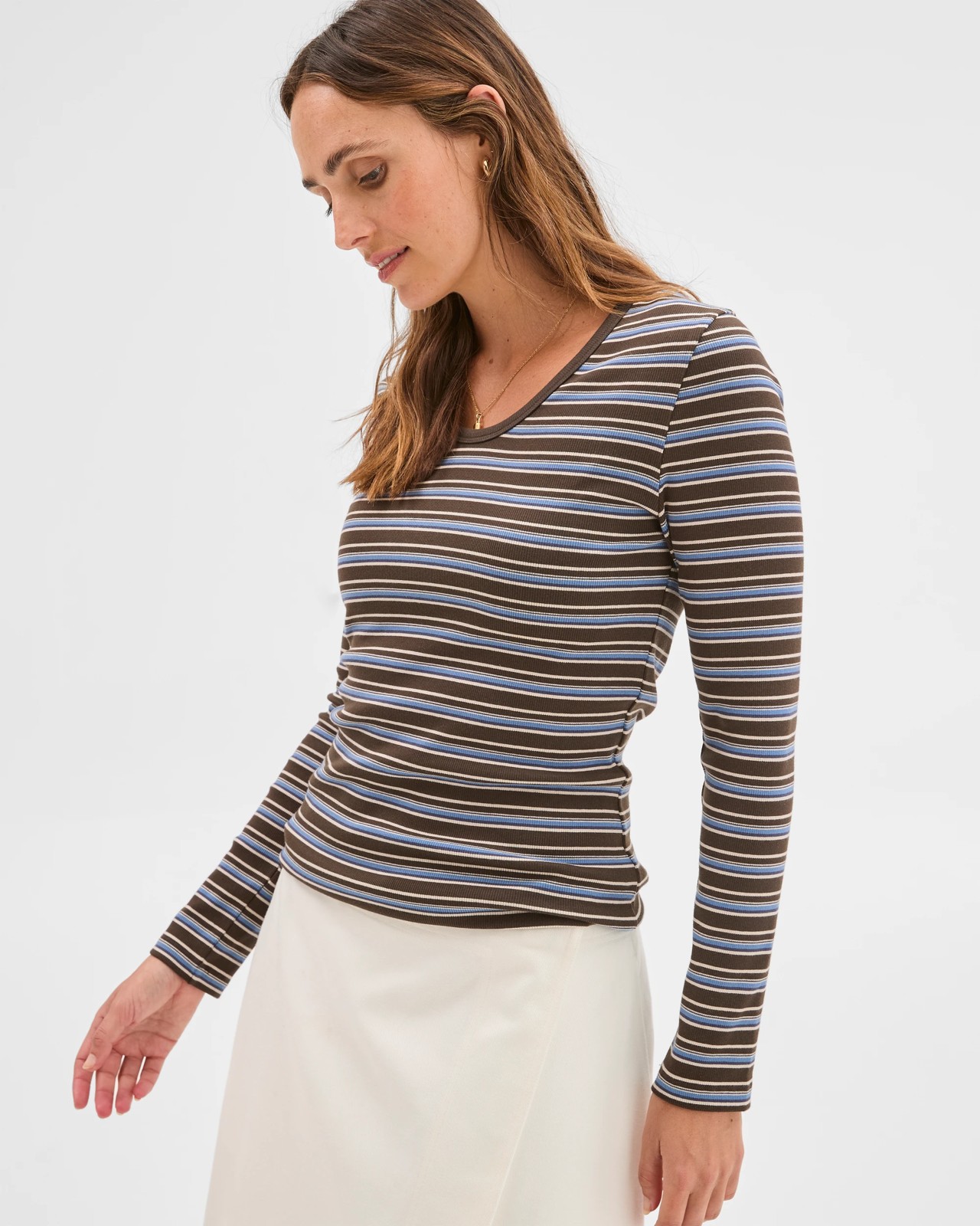 Australian Cotton Long Sleeve Scoop Neck Rib T-Shirt - Stripe 2 of 5