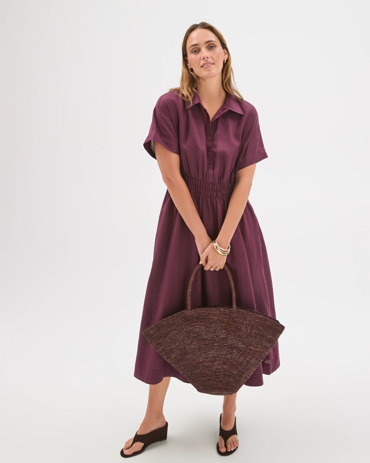 European Linen Shirred Waist Midi Dress - Merlot 3 of 5