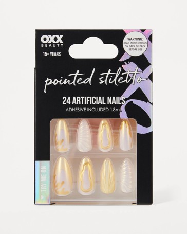 OXX Beauty 24 Pack Artificial Nails with Adhesive, Pointed Stiletto Shape - 3D