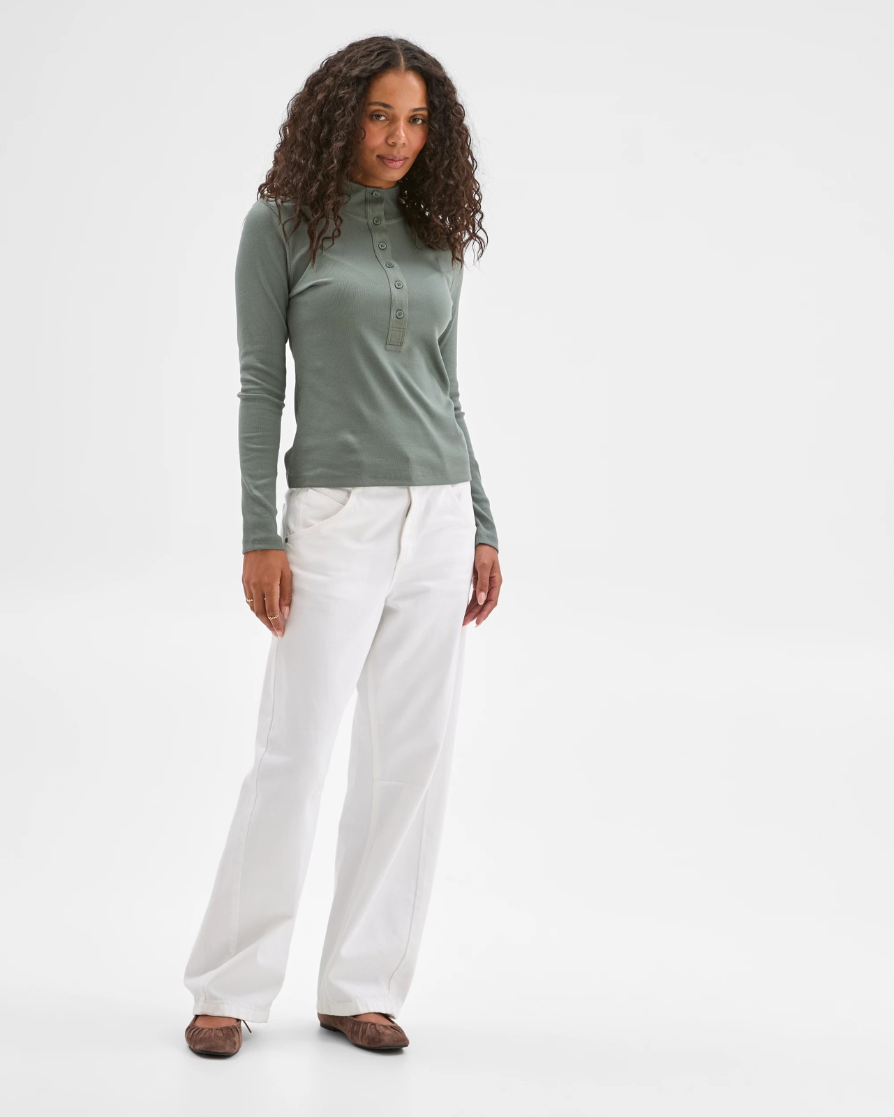 Australian Cotton Long Sleeve Mock Neck Henley Top - Dusty Khaki 2 of 5