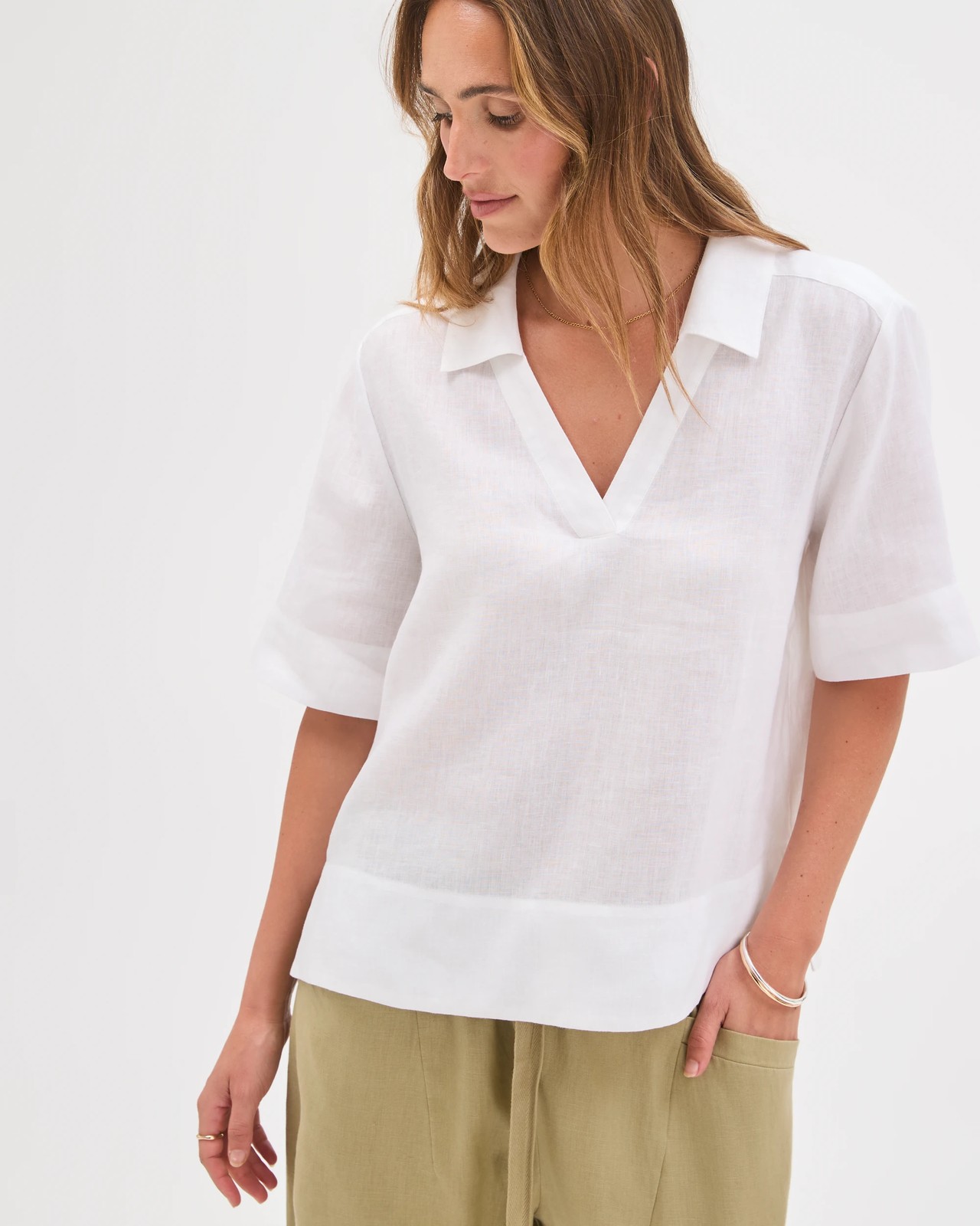 European Linen Short Sleeve A-Line Popover Shirt - White 3 of 6