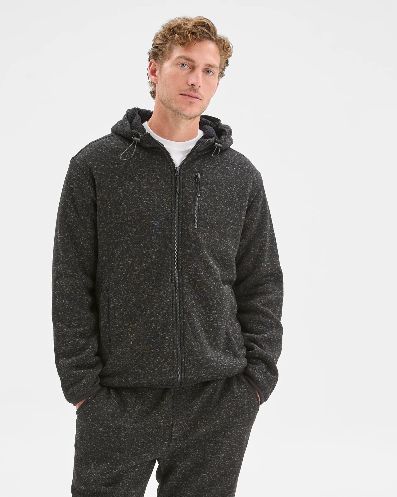 Teddy Lined Zip Through Fleece Hoodie - Black Marle 3 of 6