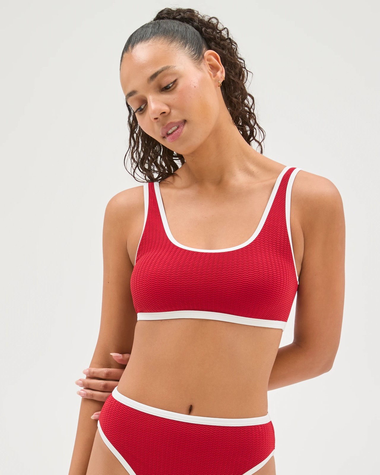 Scoop Neck Crinkle Bikini Top - Ruby/White 3 of 6