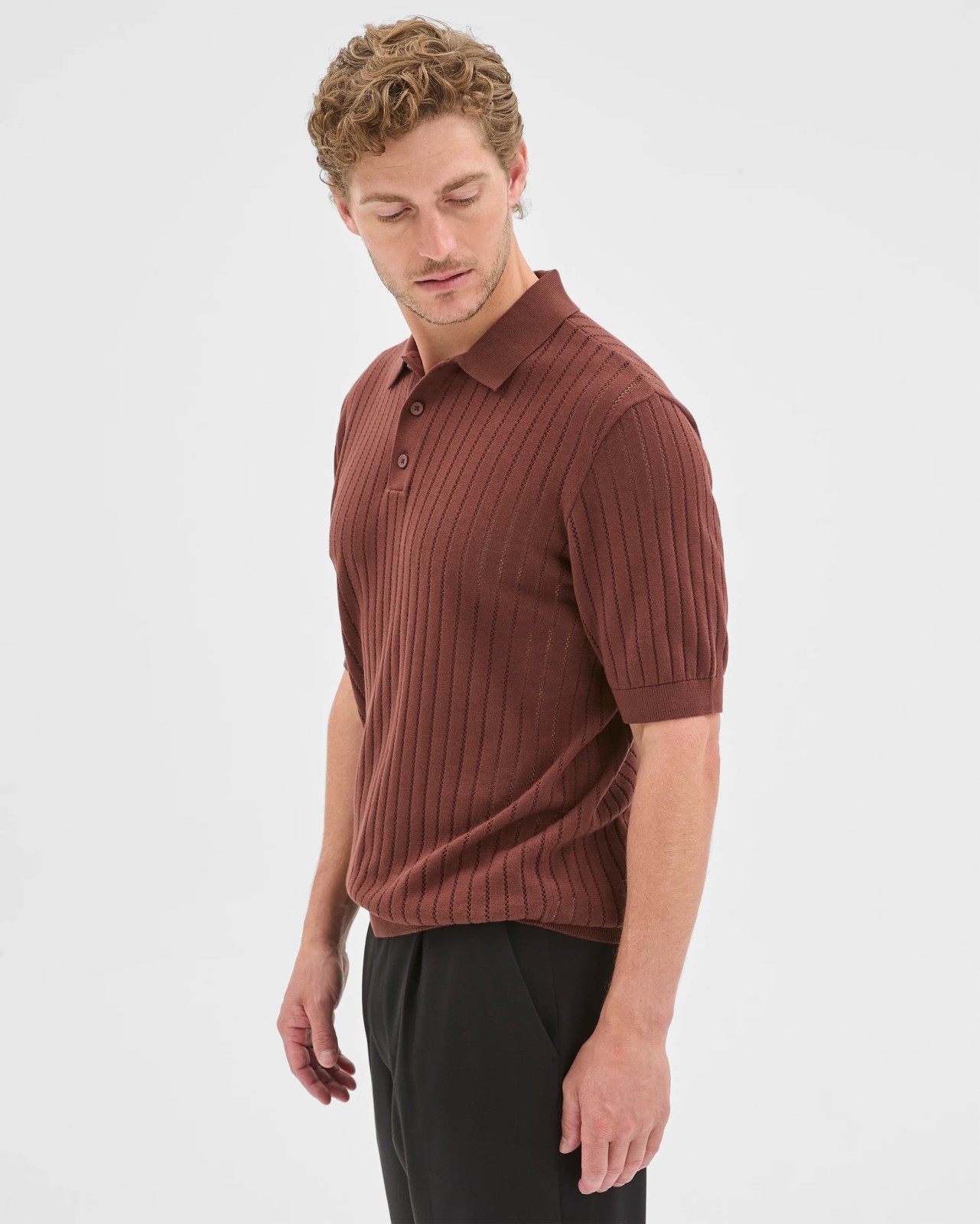 Preview Australian Cotton Pointelle Polo Top - Brown Stone 4 of 6