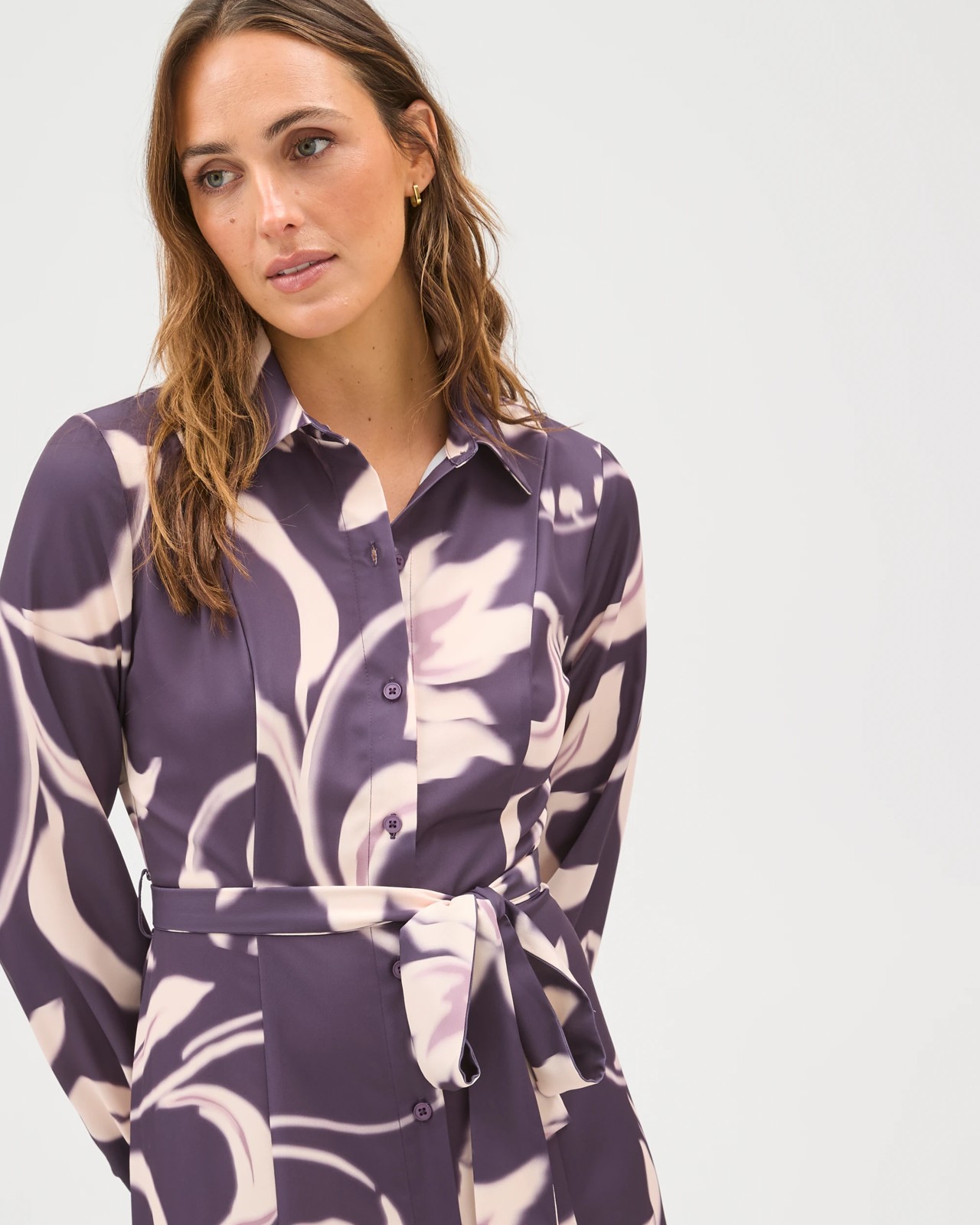 Preview Long Sleeve Godet Detail Midi Shirt Dress - Plum Blur 5 of 5