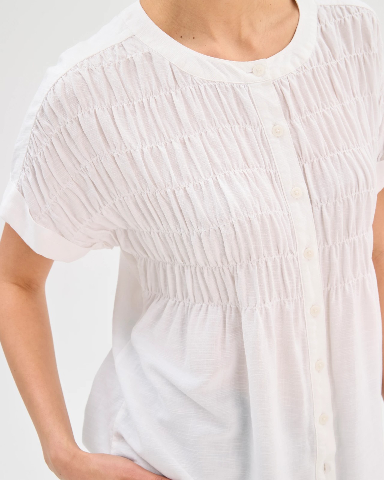 Short Sleeve Shirred Button Through Top - White 4 of 5