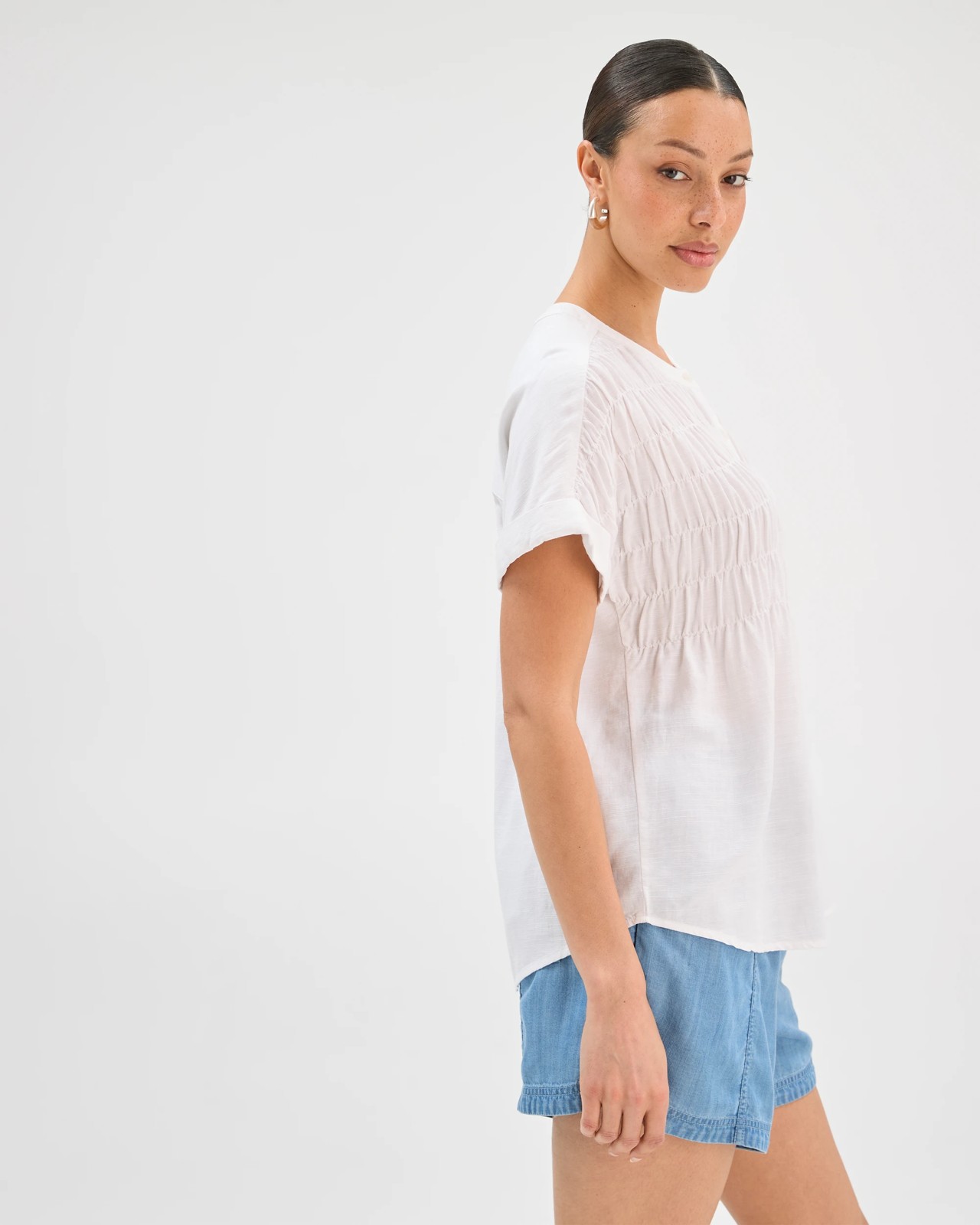 Short Sleeve Shirred Button Through Top - White 5 of 5