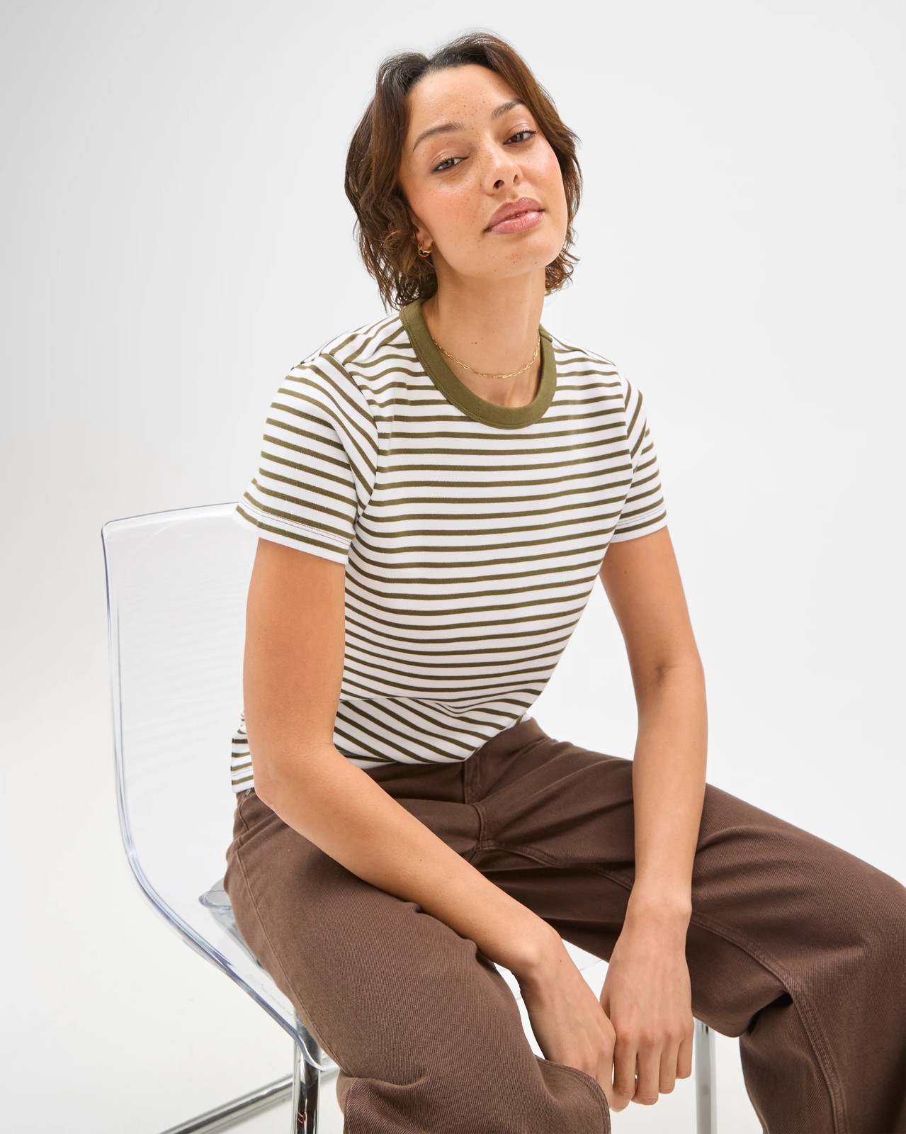 Australian Cotton Interlock Neat T-Shirt - White Deep Moss Stripe 4 of 5