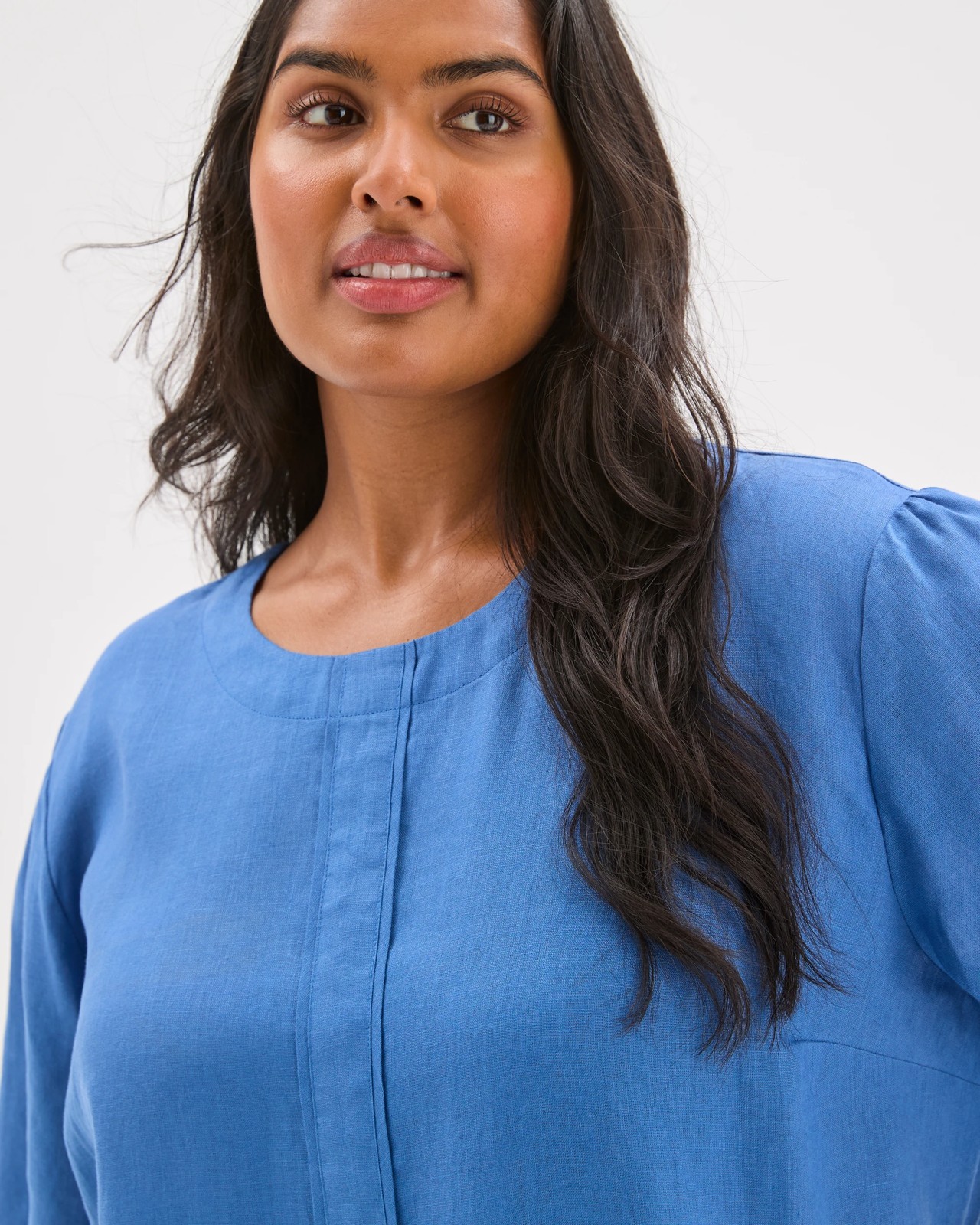 Plus Size European Linen Balloon Sleeve Blouse - Lapis Blue 5 of 6