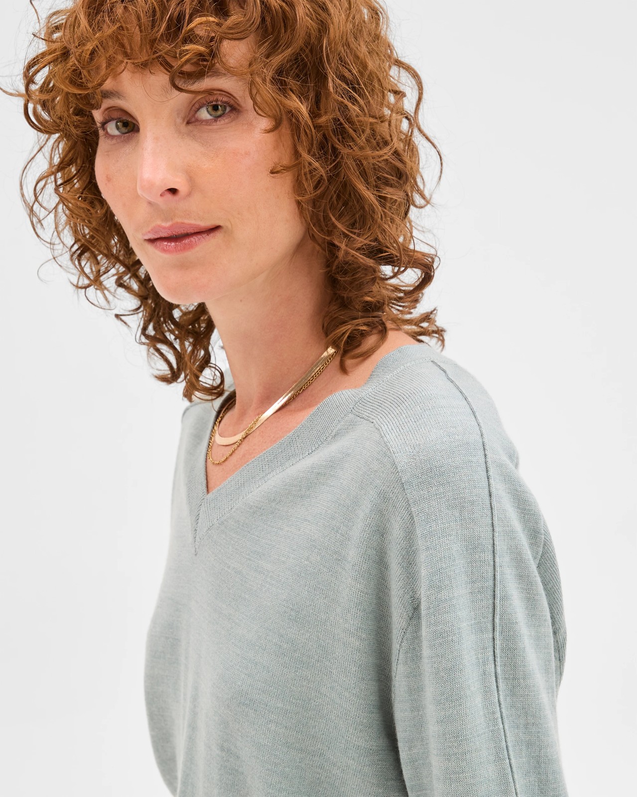 Preview Australian Merino Wool Long Sleeve V-Neck Knit Top - Green Slate Marle 6 of 6