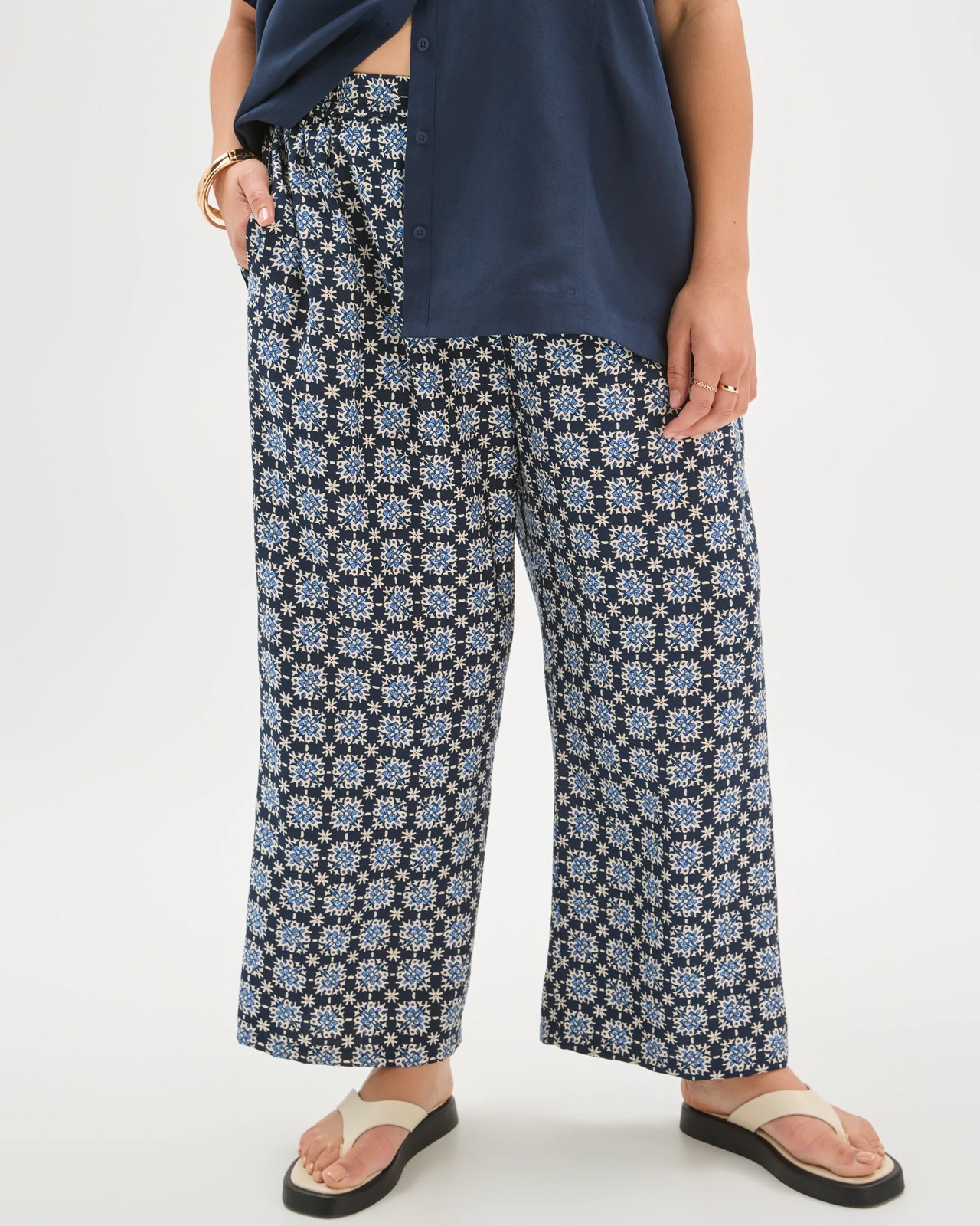 Plus Size Tie Front Pants - Navy Abstract 3 of 5