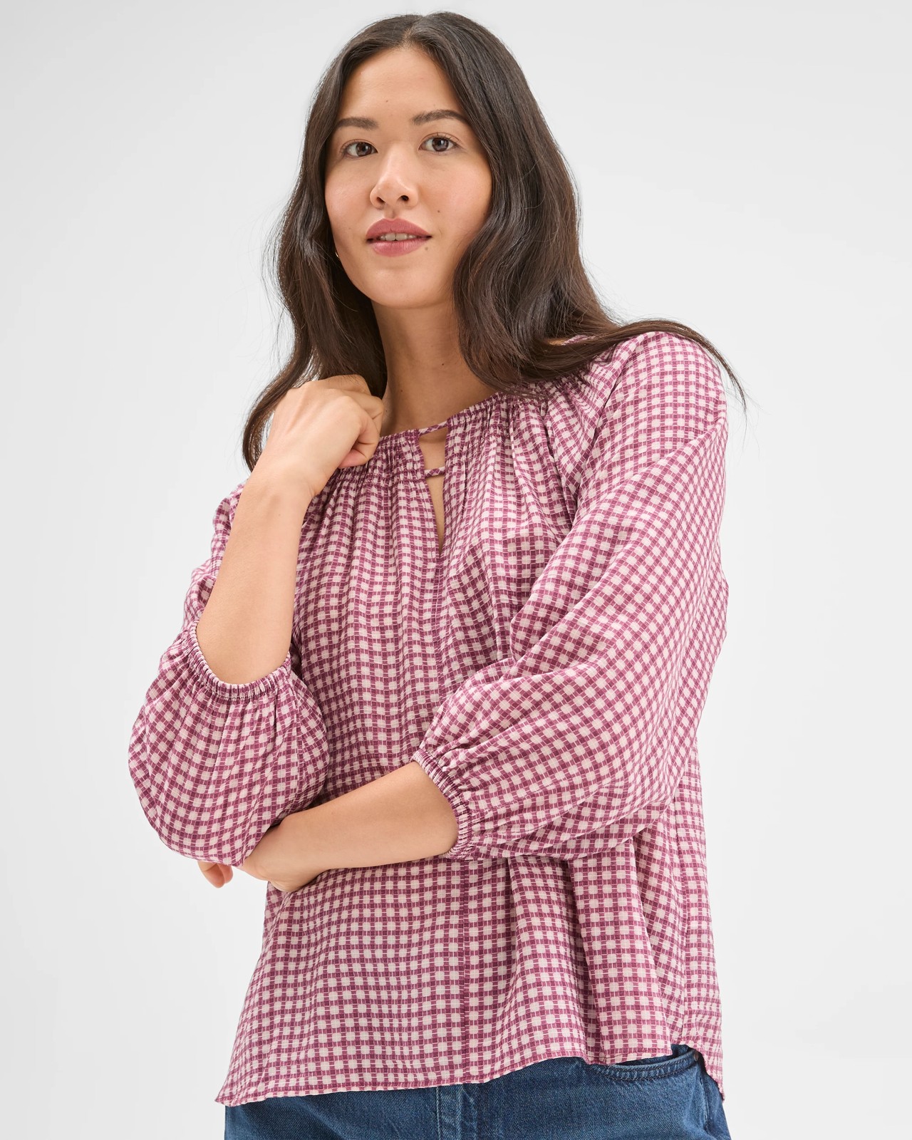 3/4 Sleeve Neck Detail Blouse - Soft Blush Check 3 of 6