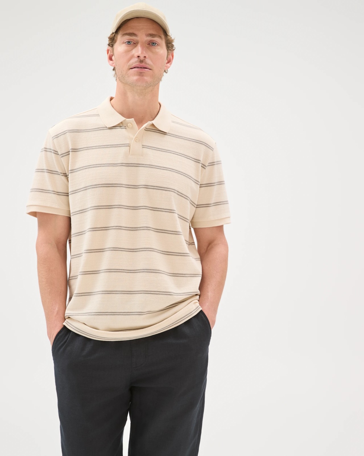 Australian Cotton Striped Polo Top - Beige 2 of 6