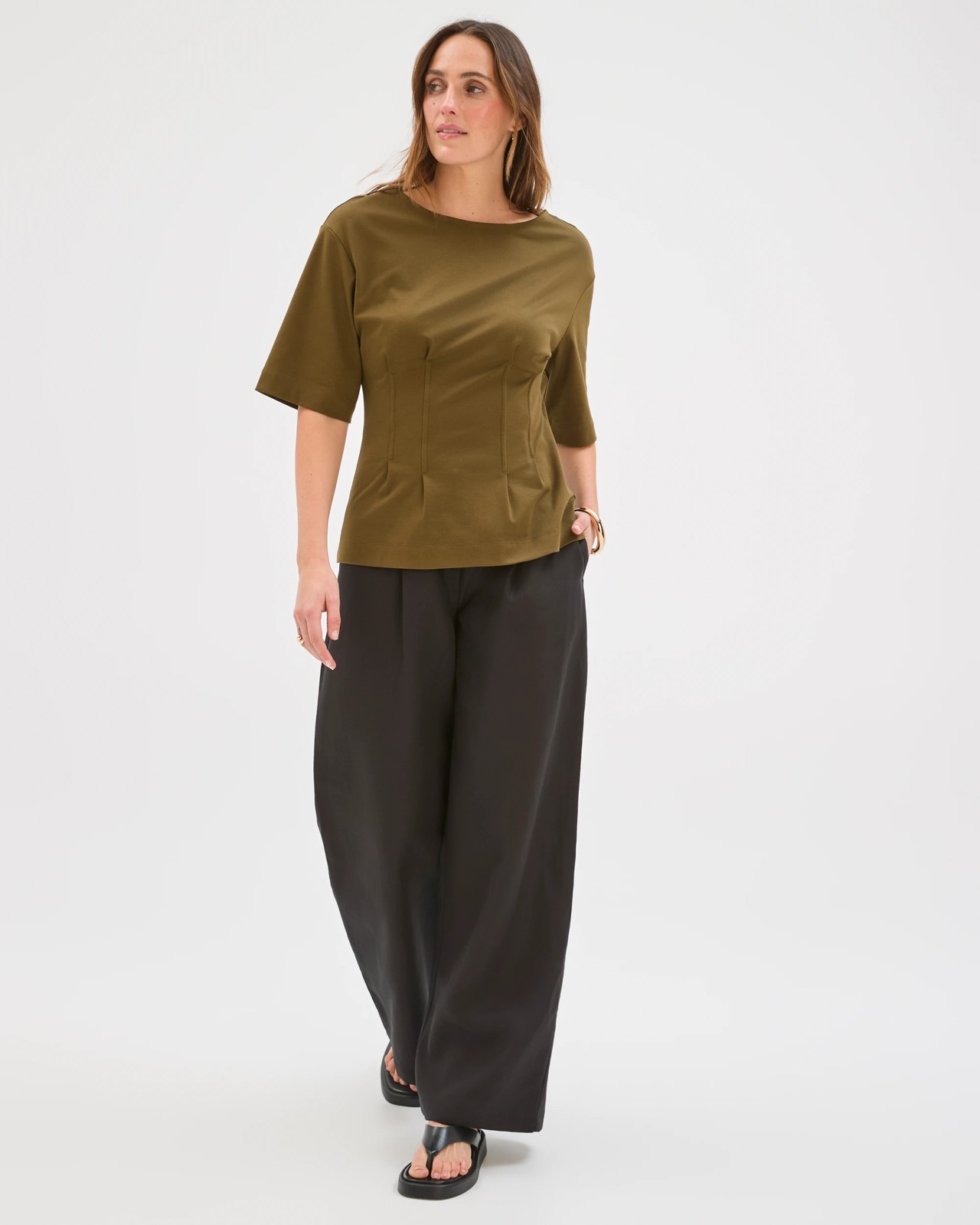 Preview Australian Cotton Waist Detail T-Shirt - Khaki Olive 2 of 5