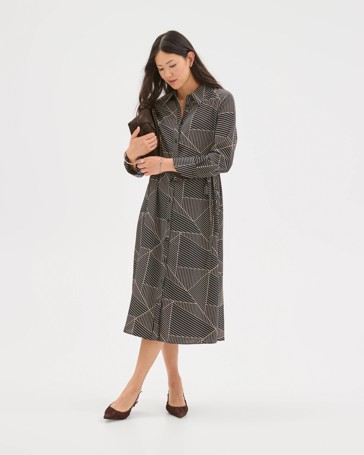 Preview Long Sleeve Crossover Midi Shirt Dress