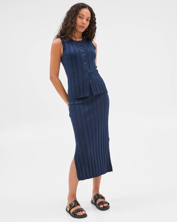 Australian Cotton/Linen Blend Ribbed Midi Skirt