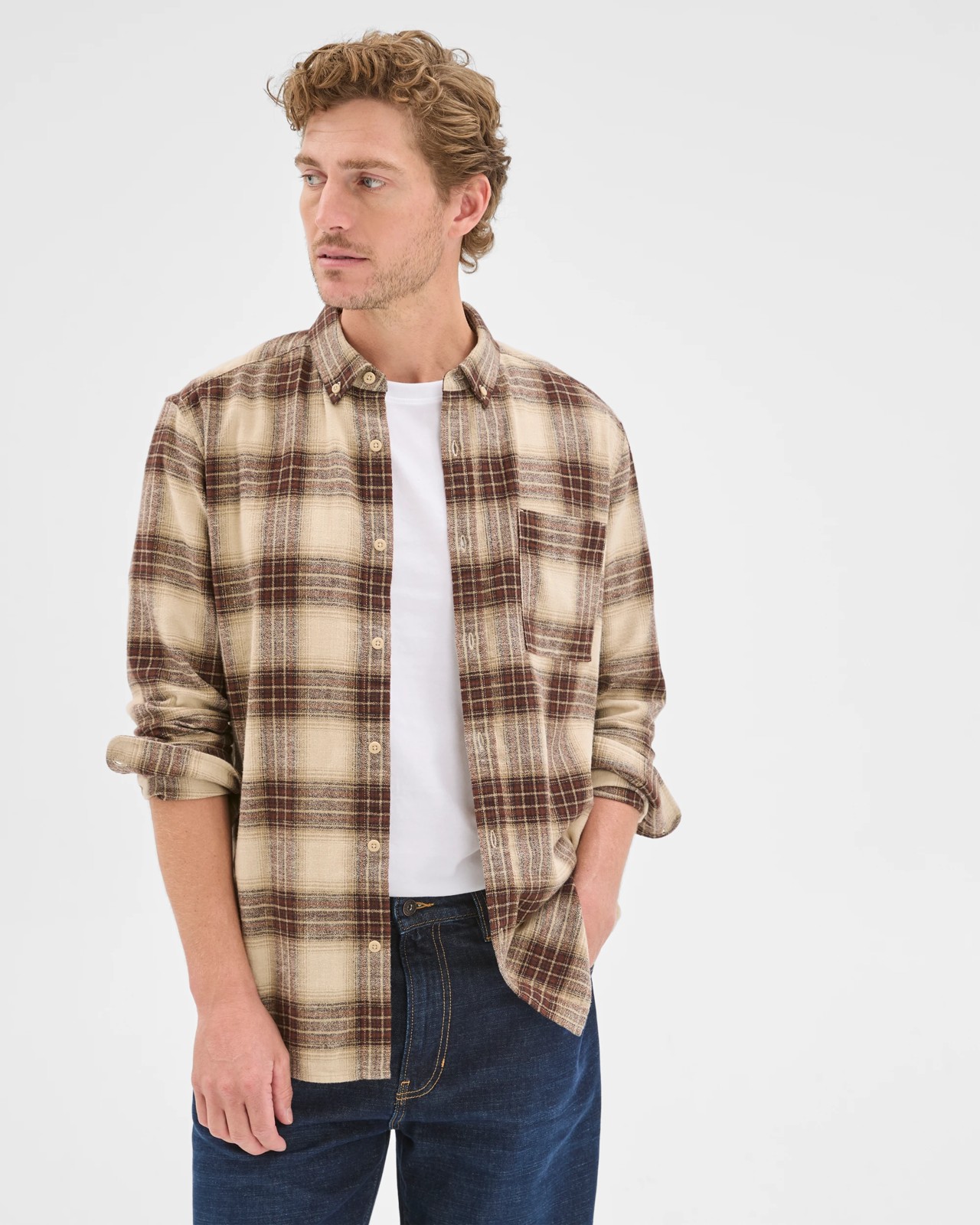 Long Sleeve Brushed Check Shirt - Ecru 3 of 5